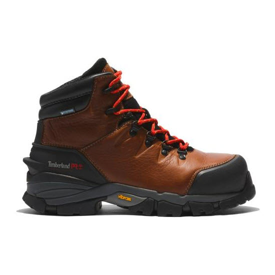 A single brown Timberland Hyperion 6 In Waterproof CT Hiker boot with black soles and red laces, isolated on a white background.