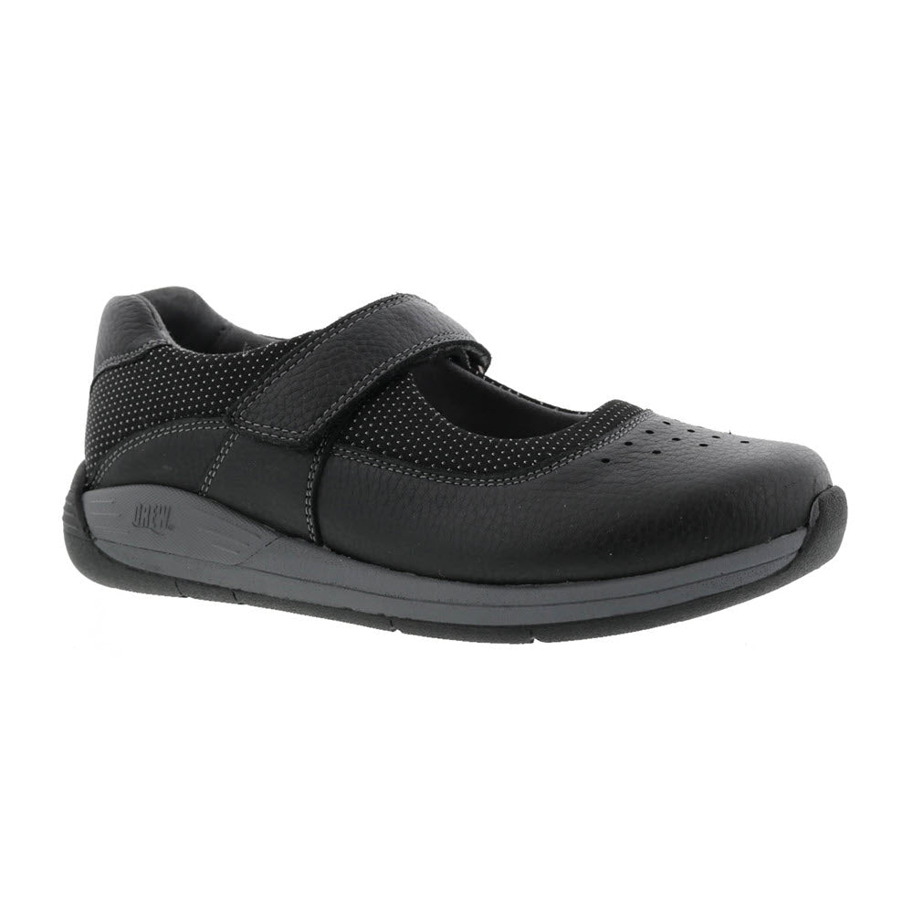 Black leather Drew Trust men's shoe with hook and loop closure and perforated detailing, displayed on a white background. 
replace with
Drew DREW TRUST BLACK - WOMENS shoe with hook and loop closure and  perforated detailing, displayed on a white background.