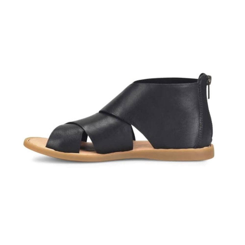 A black ultra-soft leather BORN IMANI open-toe sandal with a zipper closure on a white background.