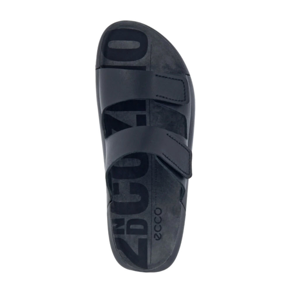 Black Ecco 2ND COZMO M TWO BAND SLIDE sandal with two straps and large logo on the sole, displayed against a white background.