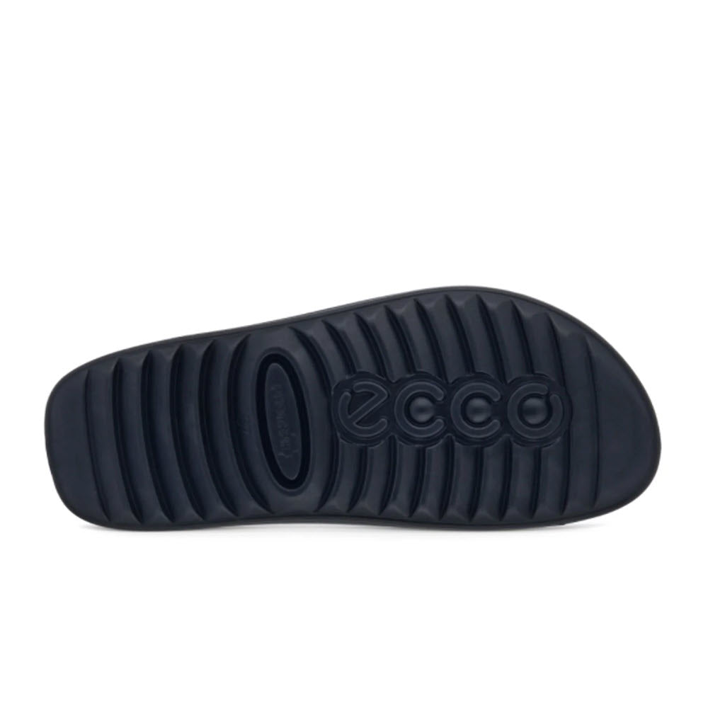 Sole of a black Ecco 2ND COZMO M TWO BAND SLIDE shoe with textured ridges and embossed logo.