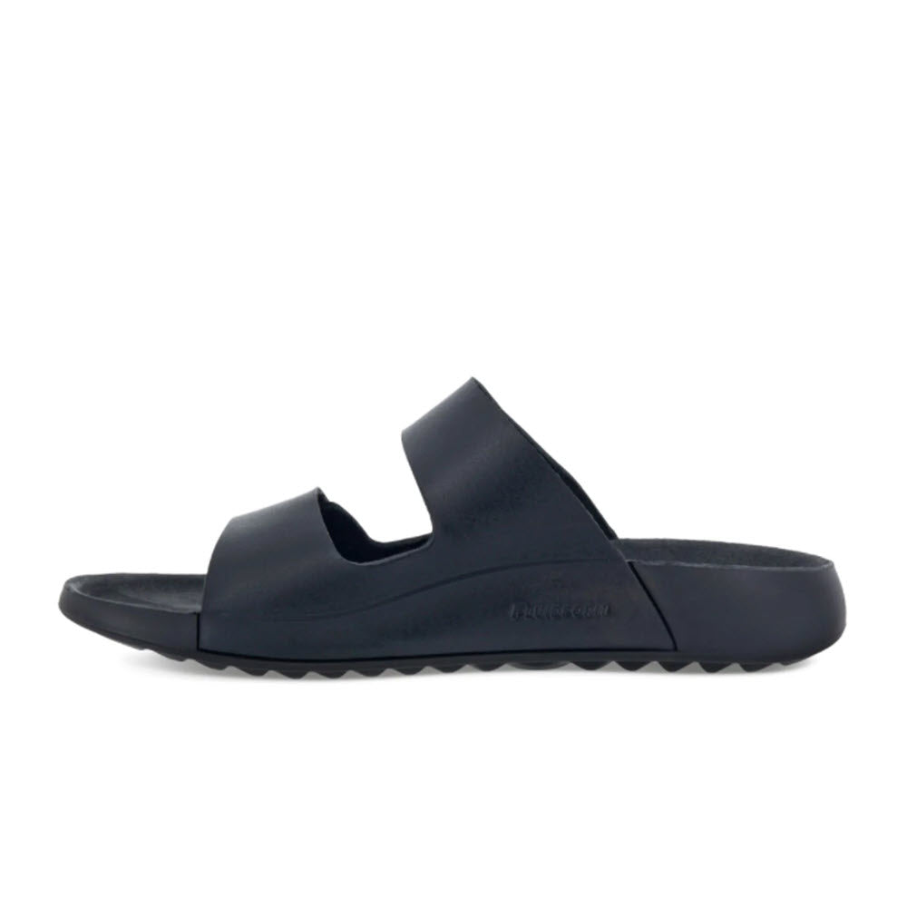 A single black Ecco 2ND COZMO M TWO BAND SLIDE sandal with two straps and a ridged sole, isolated on a white background.