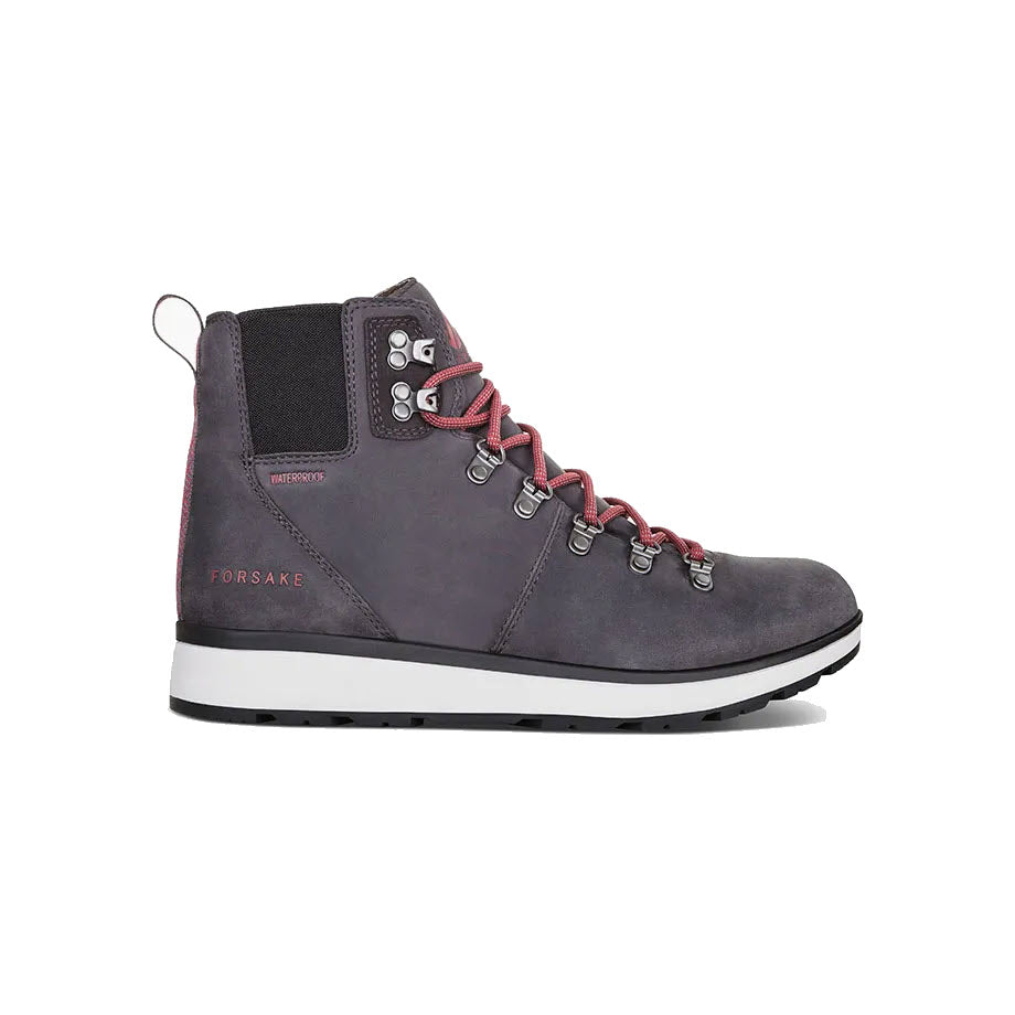 A gray Forsake Davos High Gunmetal mens leather hiking boot with red laces and a white sole, isolated on a white background.