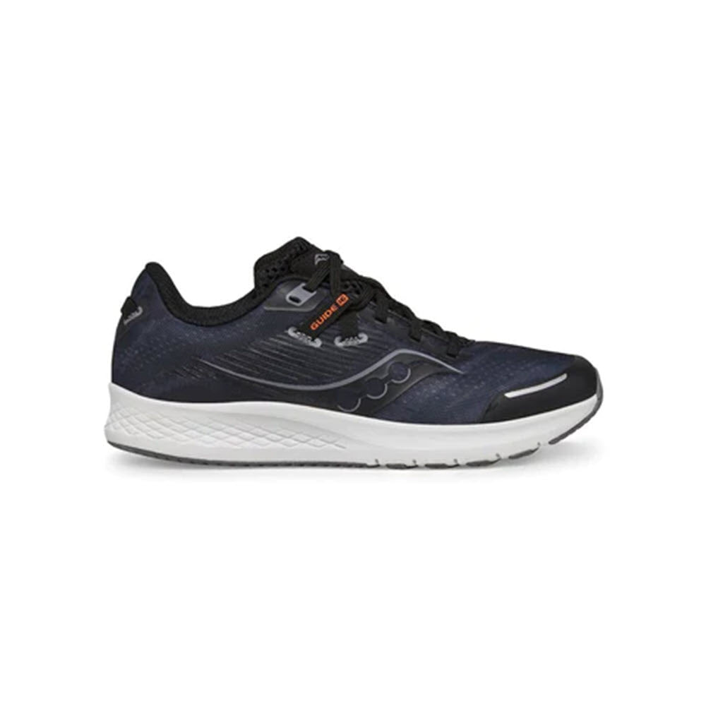 A navy blue Saucony Guide 16 running shoe with a white sole and black laces, featuring a medial side post, viewed from the side.