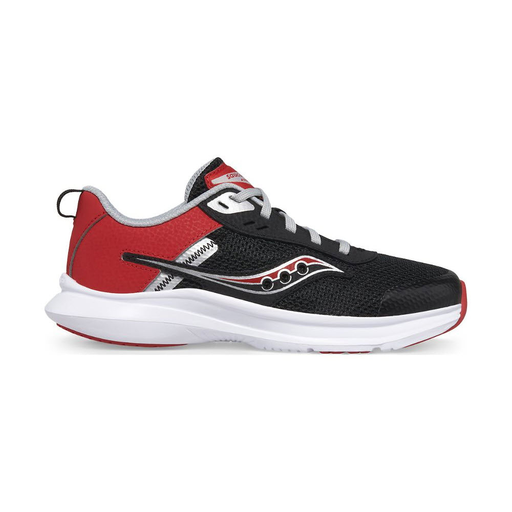 A black and red kids' SAUCONY AXON 3 INFRARED/BLACK running shoe with a white sole, featuring a zigzag design and the Saucony logo on the side.