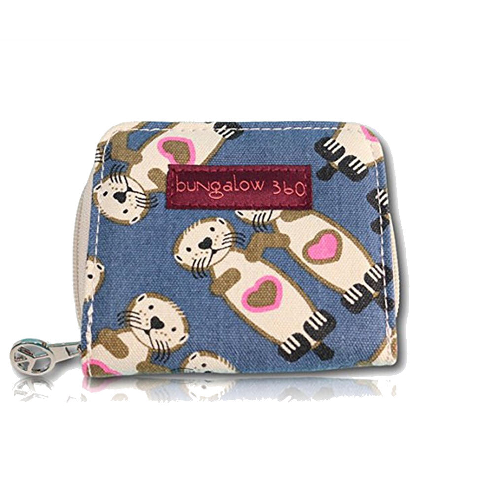 A small, square-shaped Bungalow 360 billfold wallet featuring a pattern of cartoon bears and pink hearts, labeled with a "Bungalow 360" logo.