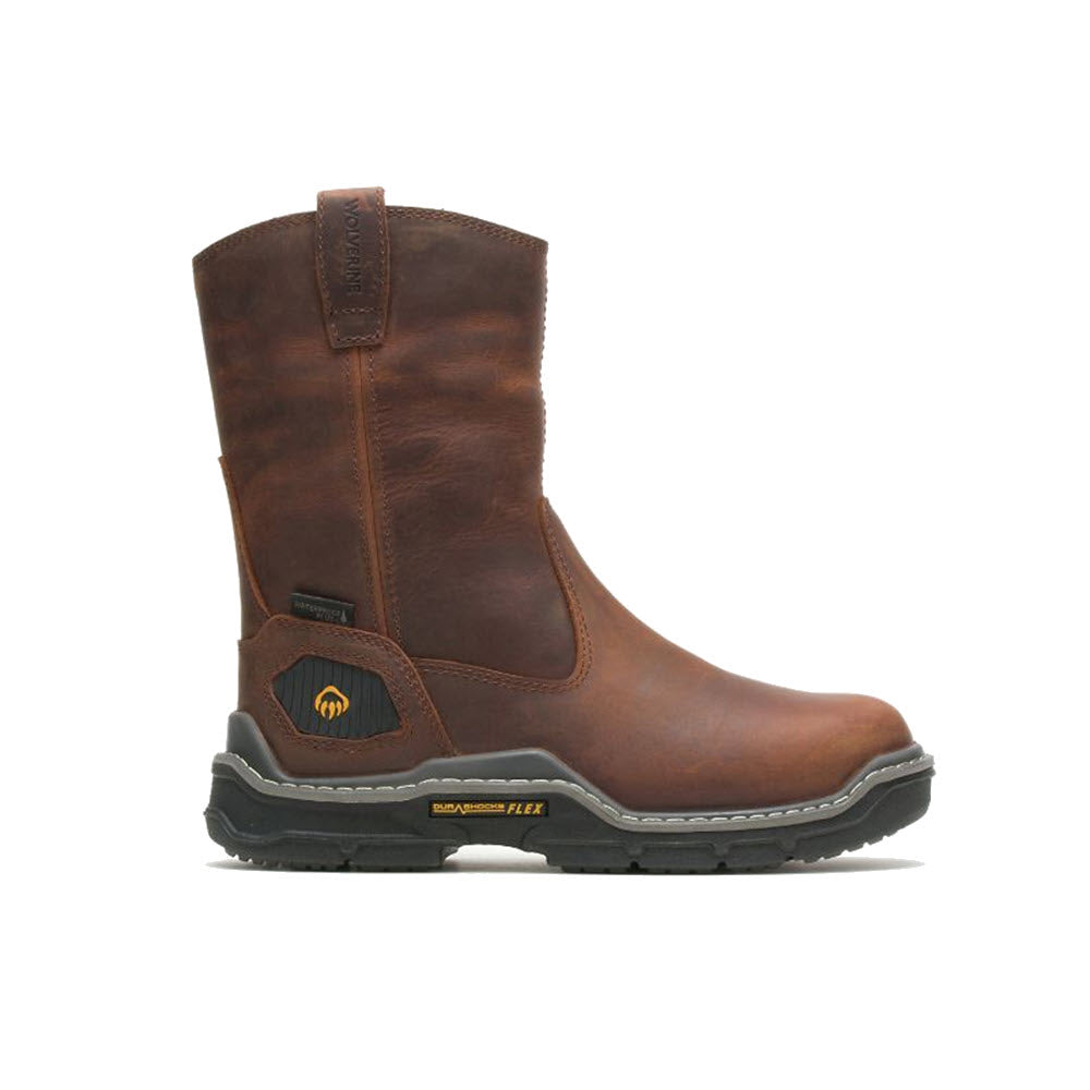 A single brown Wolverine Raider DuraShox Peanut leather work boot with a pull tab on the back and a DuraShocks rugged sole, isolated on a white background.