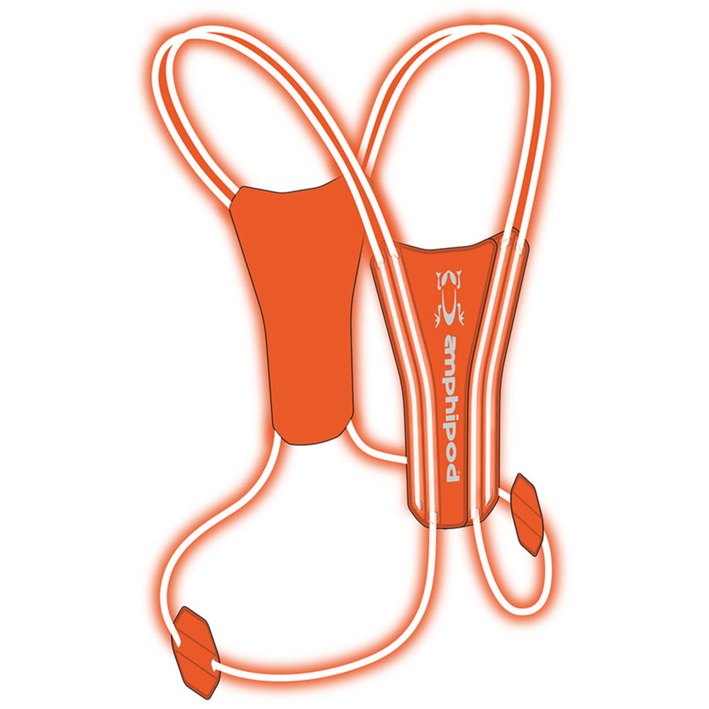 Illustration of Amphipod Xinglet Optic Beam Lite Orange wireless earbuds with a neck strap and 360° illumination, displaying the "podclub" logo on the side.