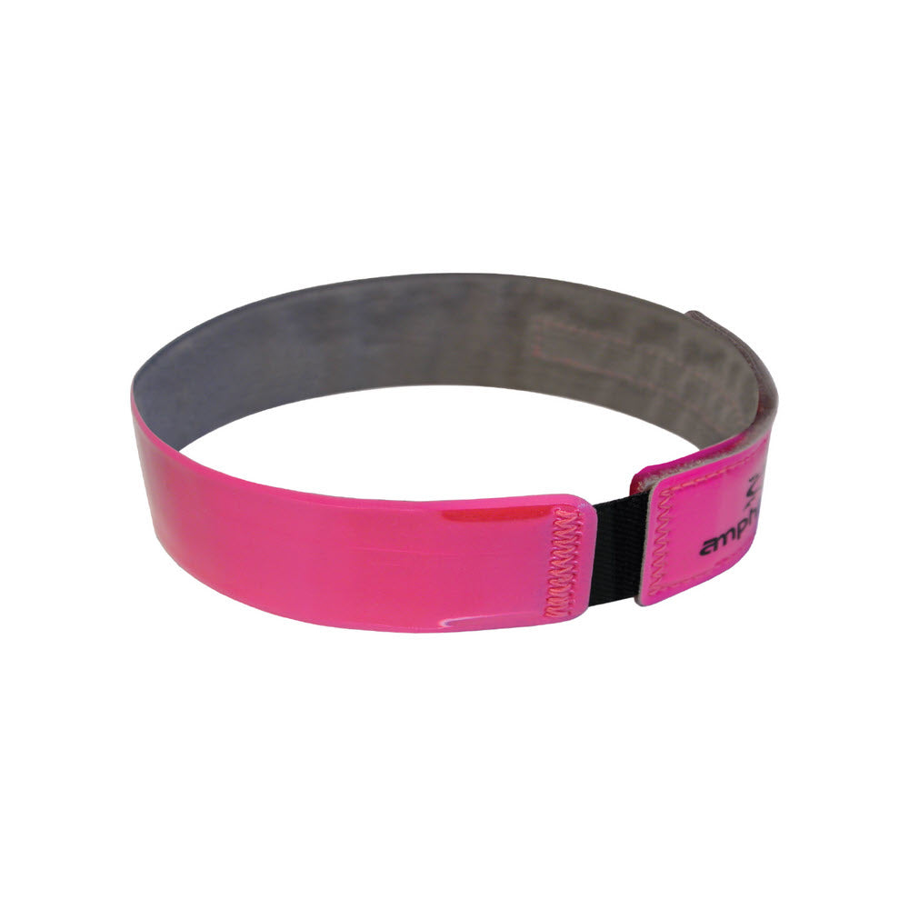 A neon pink Amphipod Stretch-Bright™ wristband with a gray adjustable buckle and black text.