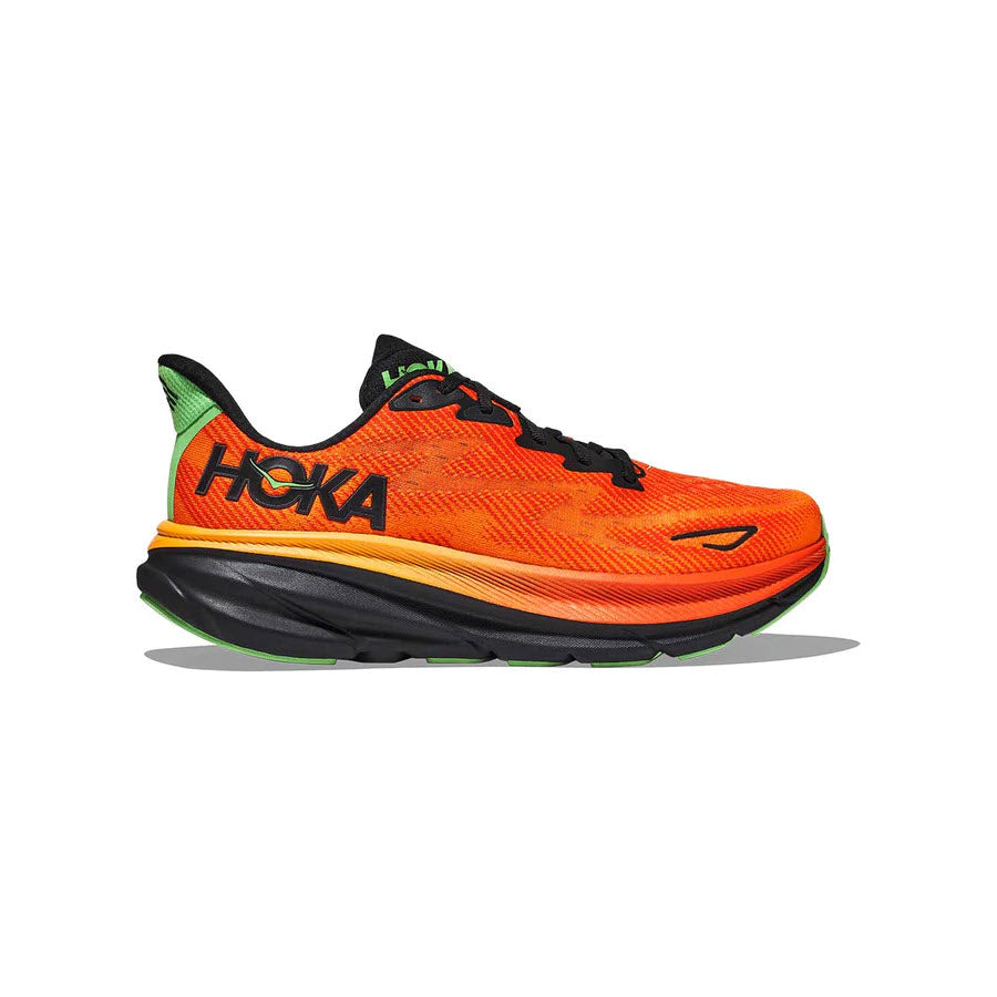 Bright orange Hoka Clifton 9 running shoe with black and green accents, viewed from the side on a white background.