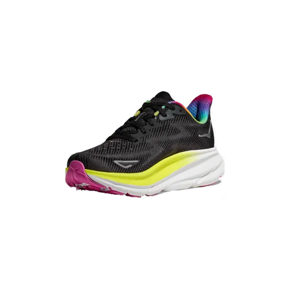 A modern Hoka running shoe with a black upper, colorful accents in pink and yellow, and an improved outsole design.