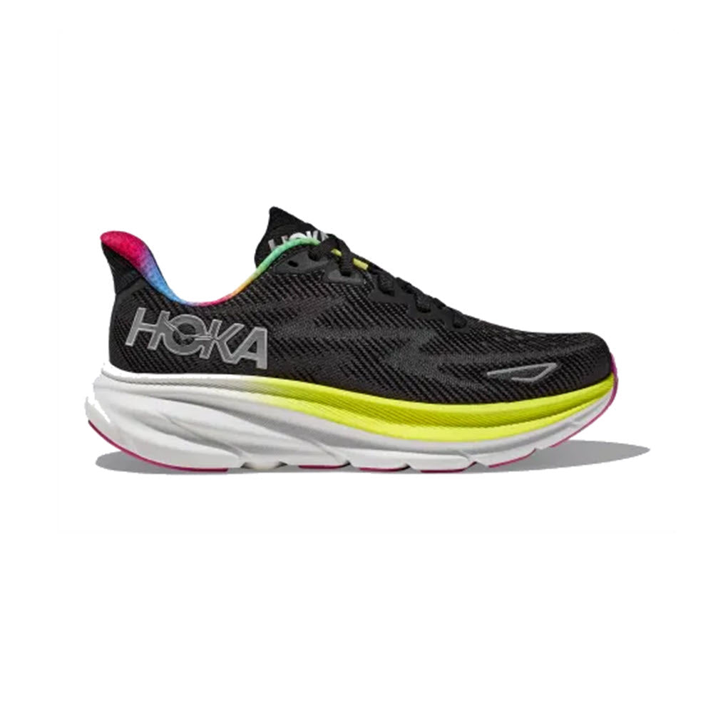 A single HOKA CLIFTON 9 BLACK/ALL ABOARD running shoe from Hoka, with a black upper, white sole, and pink and yellow accents, displayed against a white background.