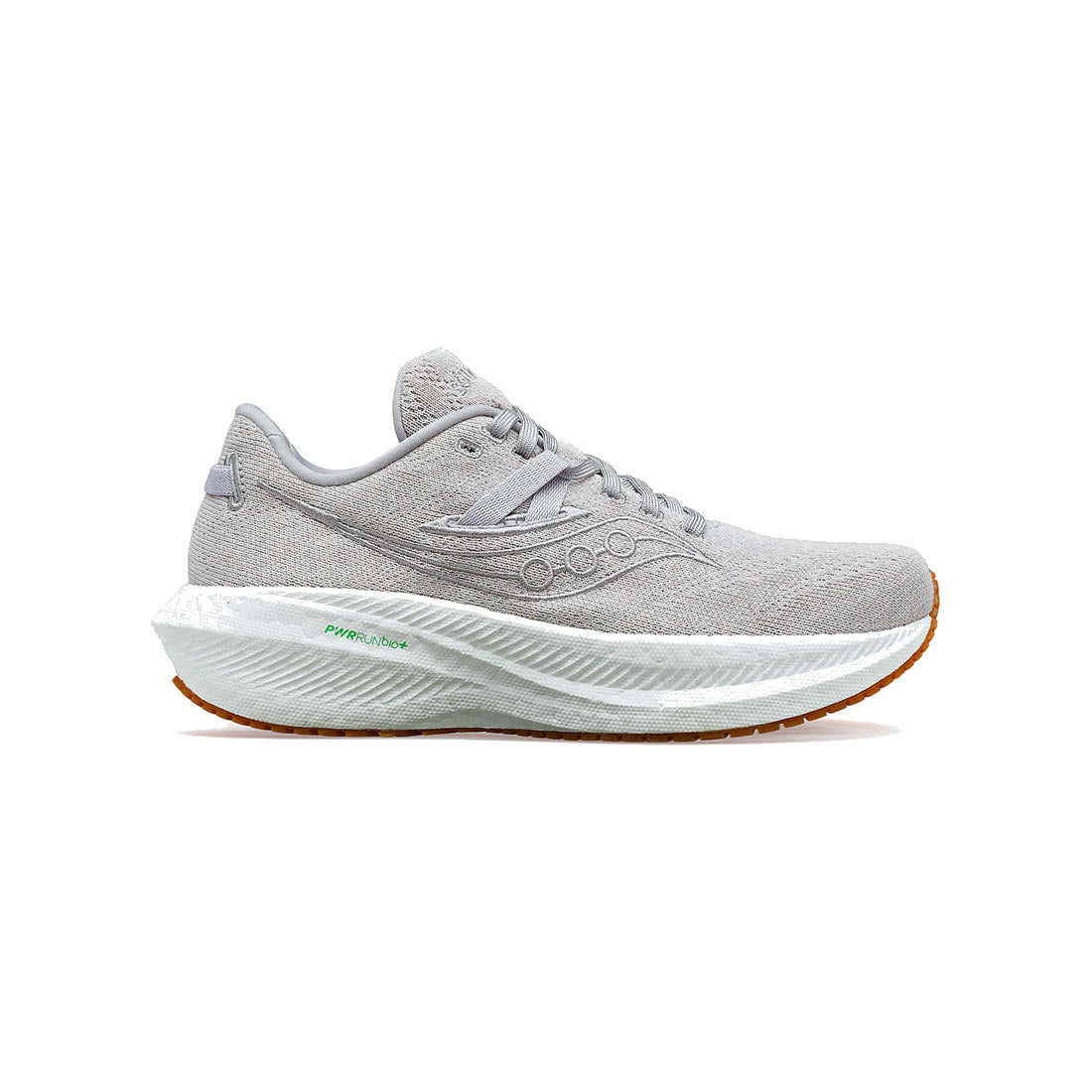 Gray Saucony Triumph RFG Mauve eco-friendly shoe with white sole and green branding on a white background.