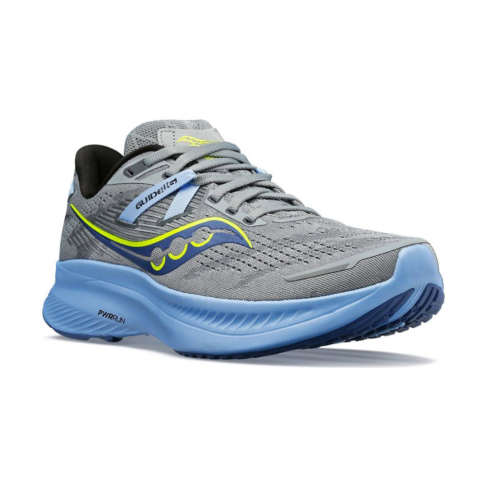A Saucony Guide 16 Fossil/Ether running shoe in gray, with a distinctive blue sole and yellow logo detail on the side, offering personalized fit and cushioning.