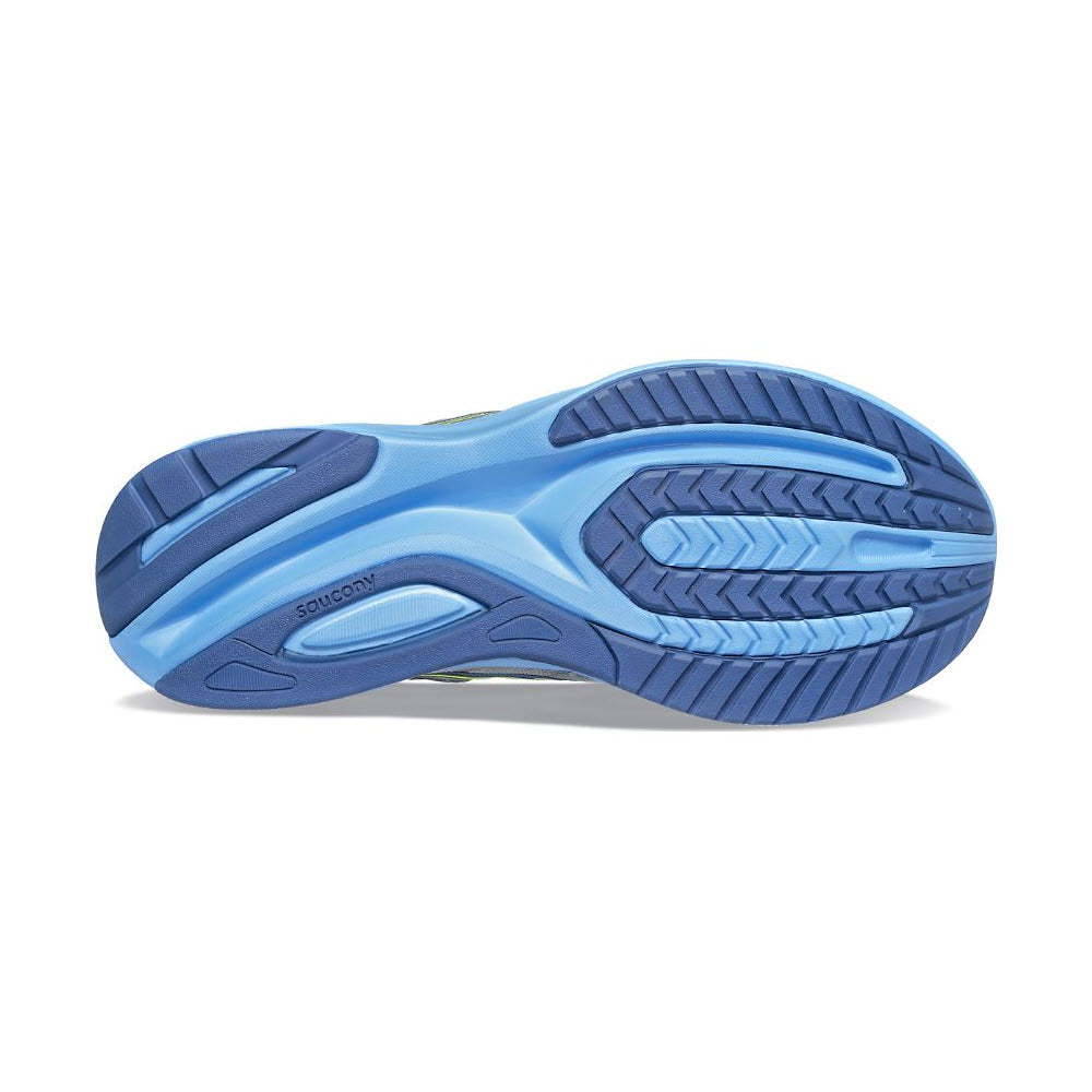 Blue Saucony Guide 16 running shoe sole with tread pattern and brand logo visible.