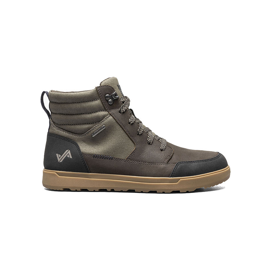 A single olive green Forsake Mason High Boot Waterproof Brown - Mens with brown laces, featuring a cushioned collar, a logo on the side, and a tan Peak-to-Pavement® outsole.