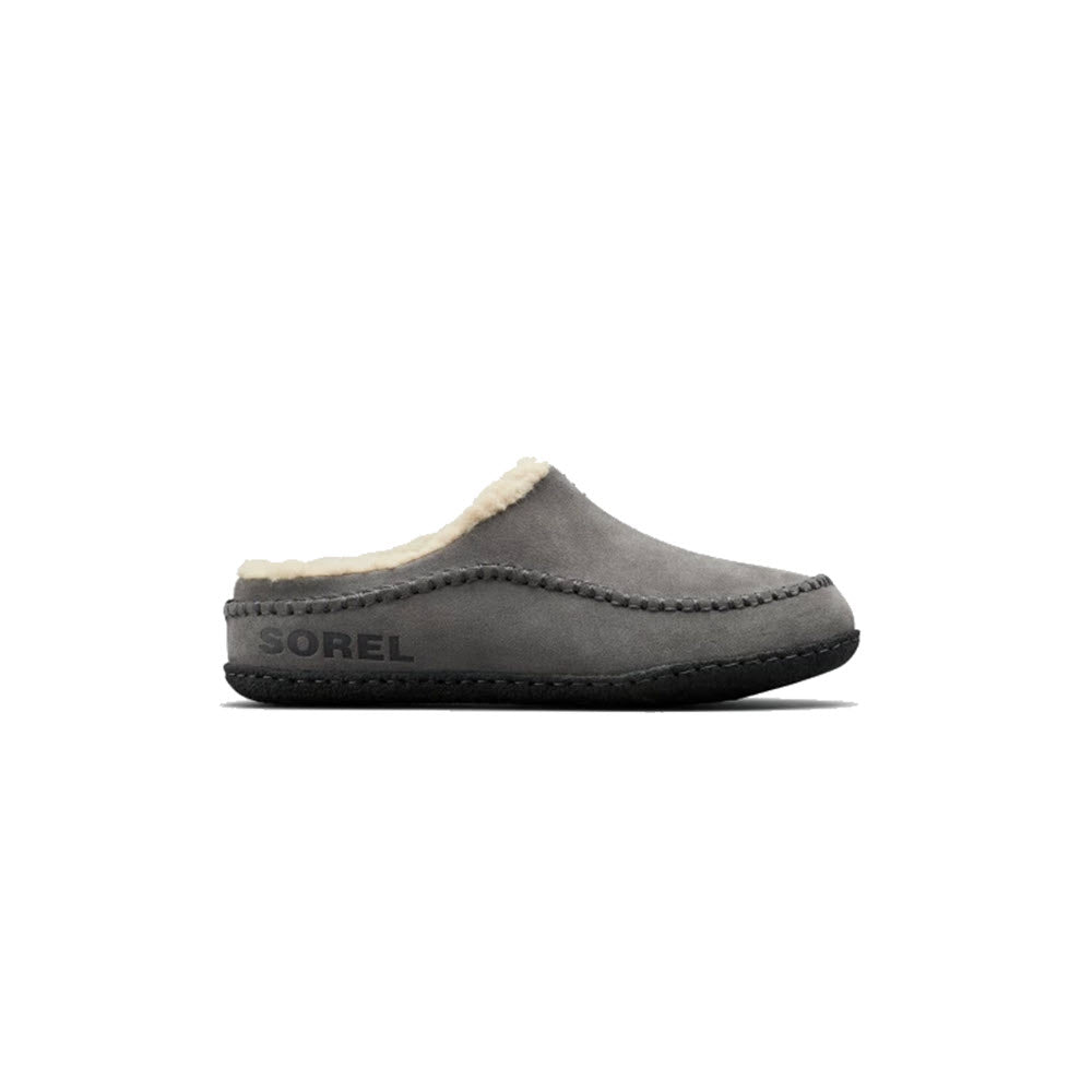 A gray Sorel Falcon Ridge II slipper with suede exterior, fleece lining, and embroidered logo on an isolated white background.