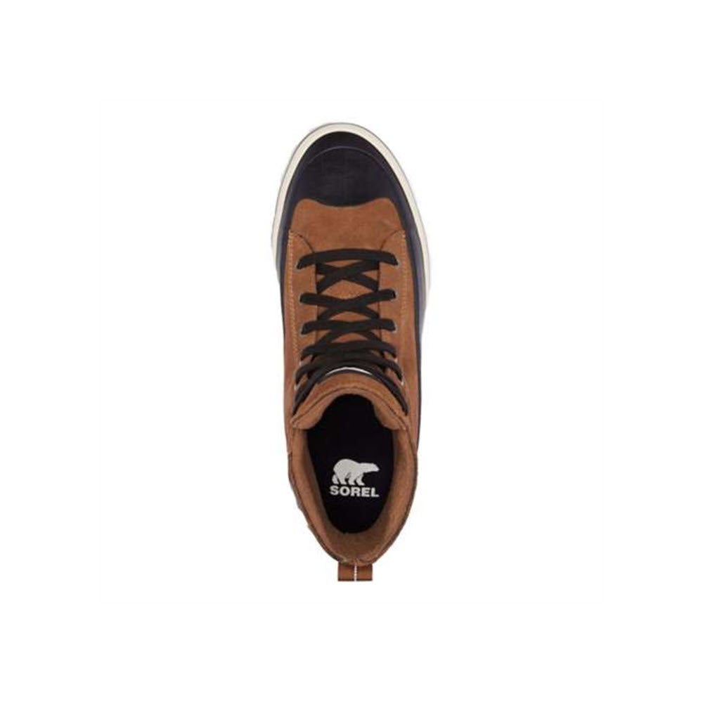 Top view of a brown and black Sorel Cheyanne Netro II WP Sneak Quarry Black - Mens casual shoe with waterproof insulation, isolated on a white background.