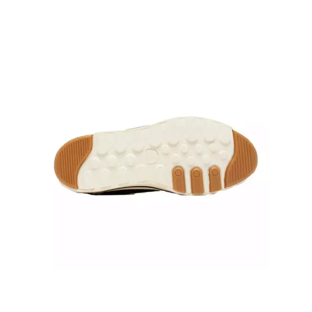 Sole of a sporty shoe featuring a white base with SOREL zonal pods and orange accents at the heel and toe area.