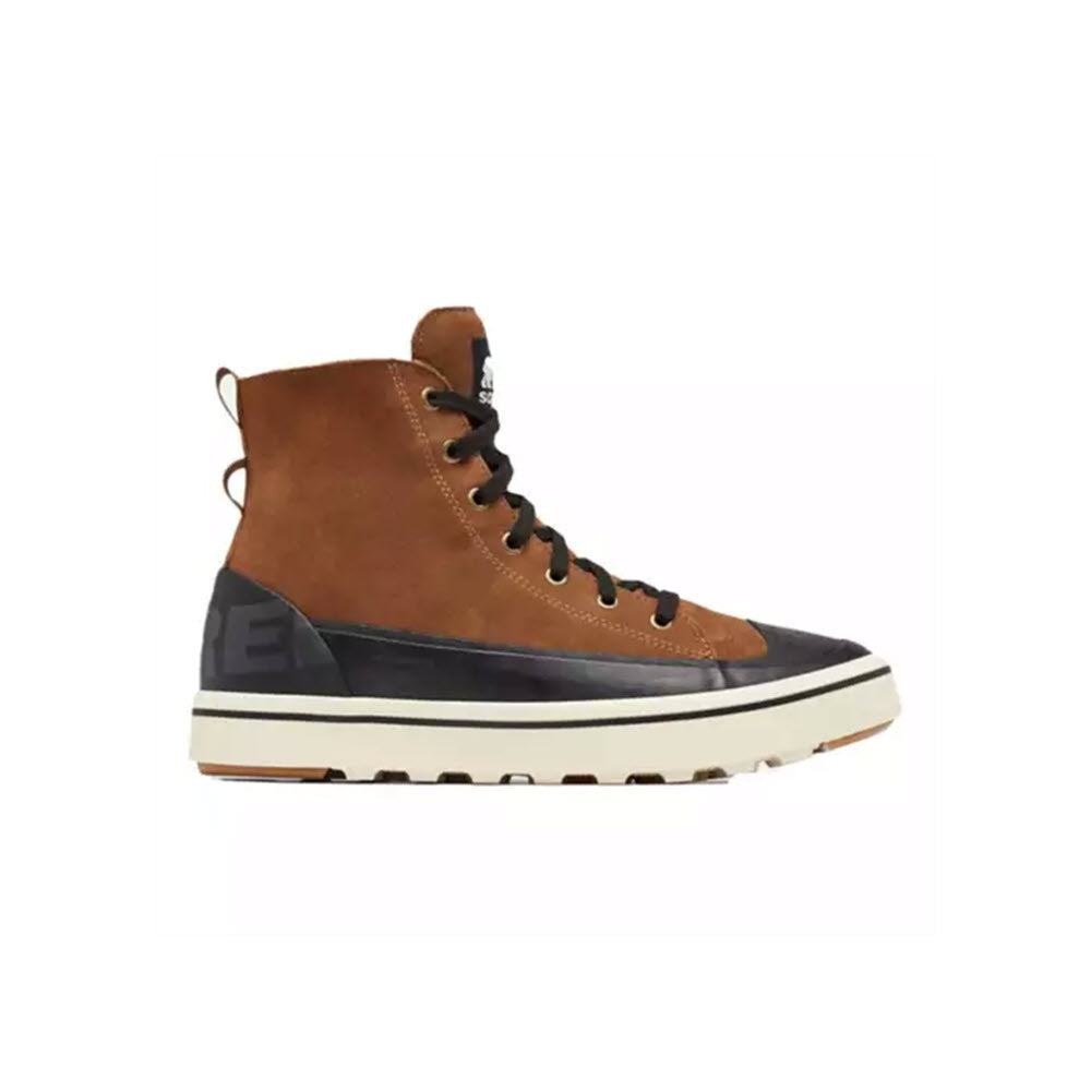 A side view of a Sorel Cheyanne Metro II WP Sneaker in Quarry Black, featuring lace-up closure and a logo tag at the top, crafted from waterproof suede leather.