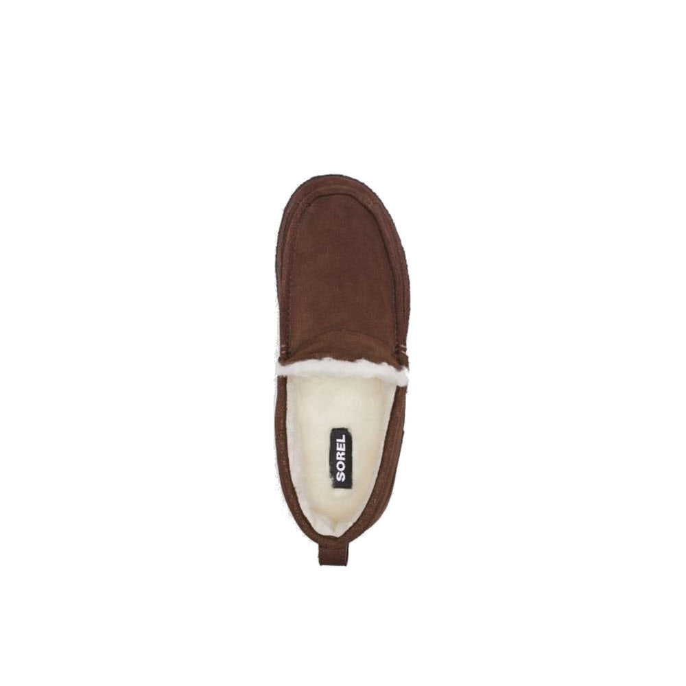 A single Sorel Manawan II slipper in Tobacco Blackened Brown with a white faux fur lining and a visible Sorel brand label on the insole, viewed from above.