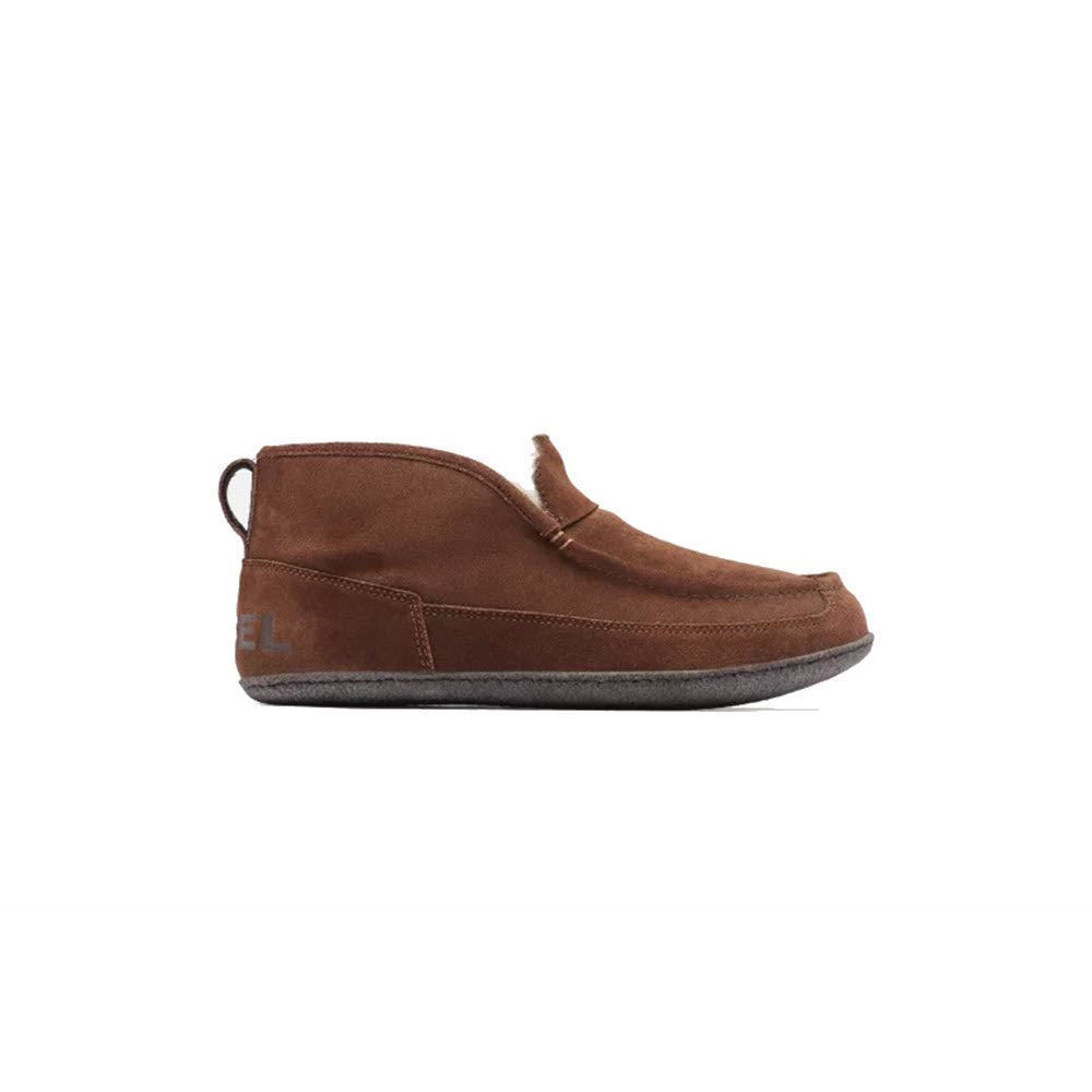 Side view of a Sorel Manawan II slipper in tobacco blackened brown suede with a rubber outsole on a white background.