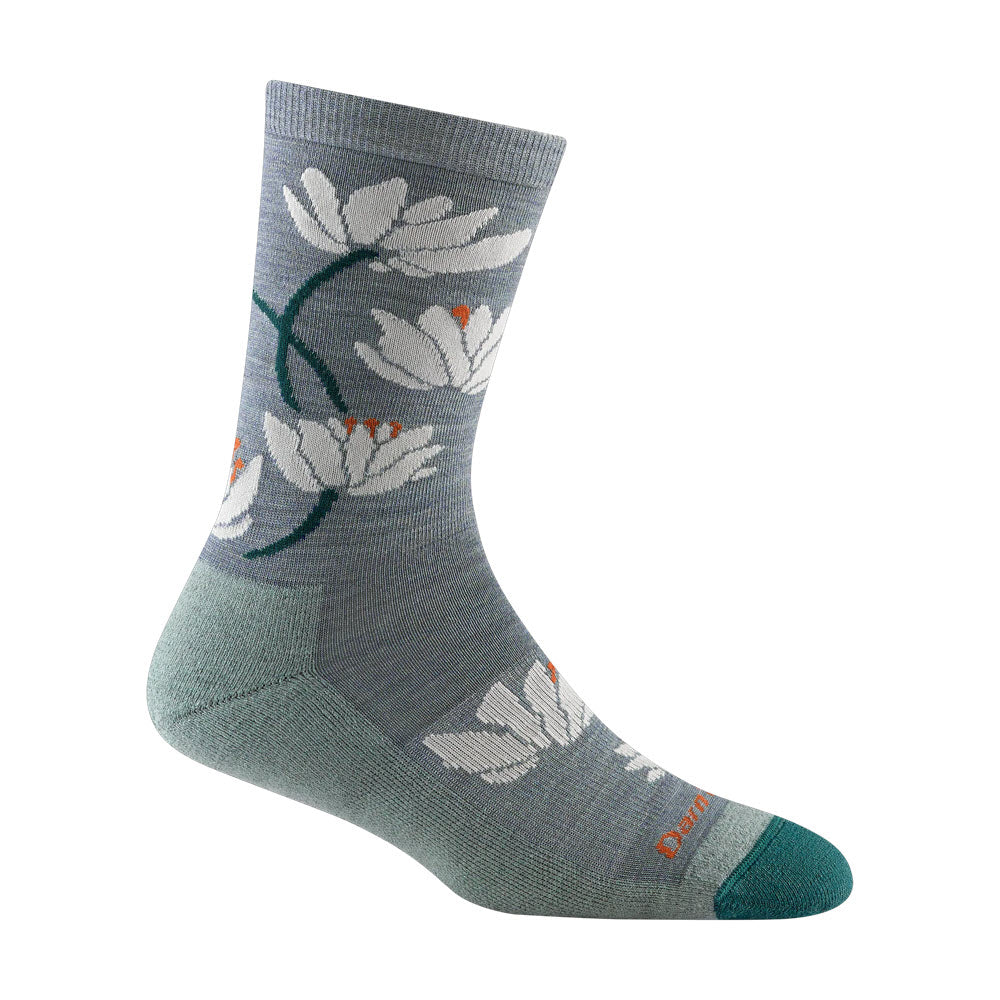 A single gray Darn Tough Merino Wool sock with floral patterns, featuring white and orange details, and the word "darn" near the toes.