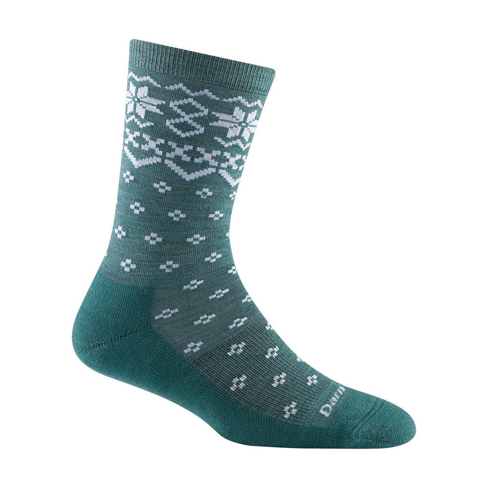 A single teal Darn Tough Shetland Crew sock with a gray nordic pattern displayed against a white background.