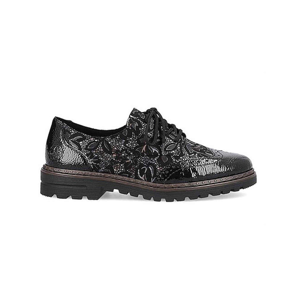 Black lace-up Rieker leather brogues with a floral embossed pattern and a thick, rugged sole.