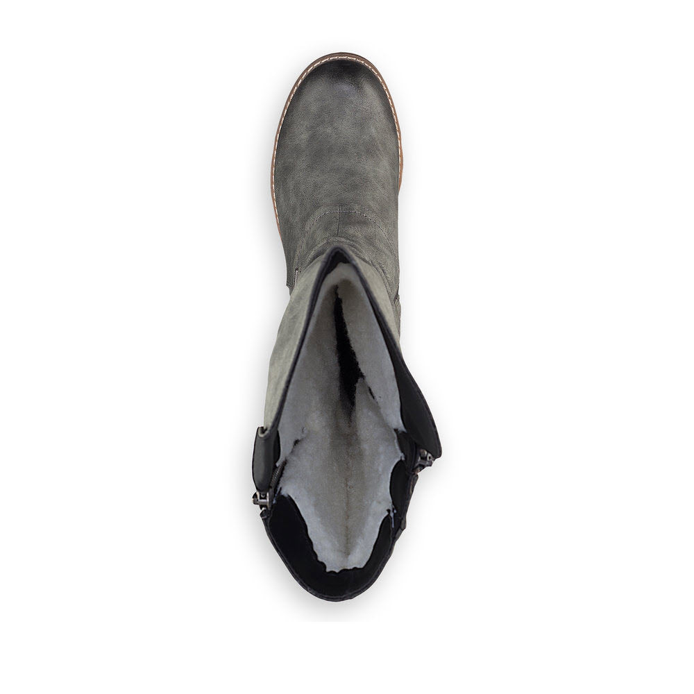 Top view of a Rieker riding boot with buckle smoke, showing the lambswool lining, isolated on a white background.