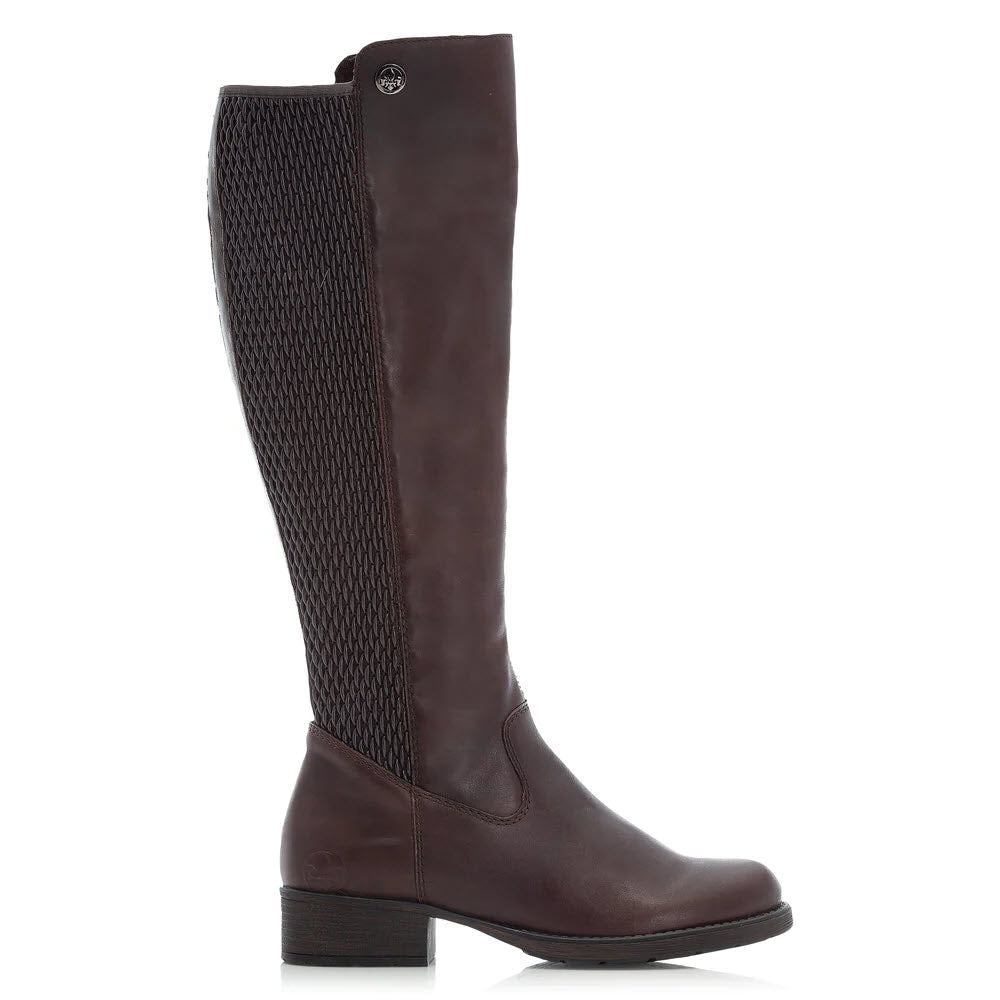 A tall, brown leather riding boot with a woven pattern on the back and a small Rieker emblem.
