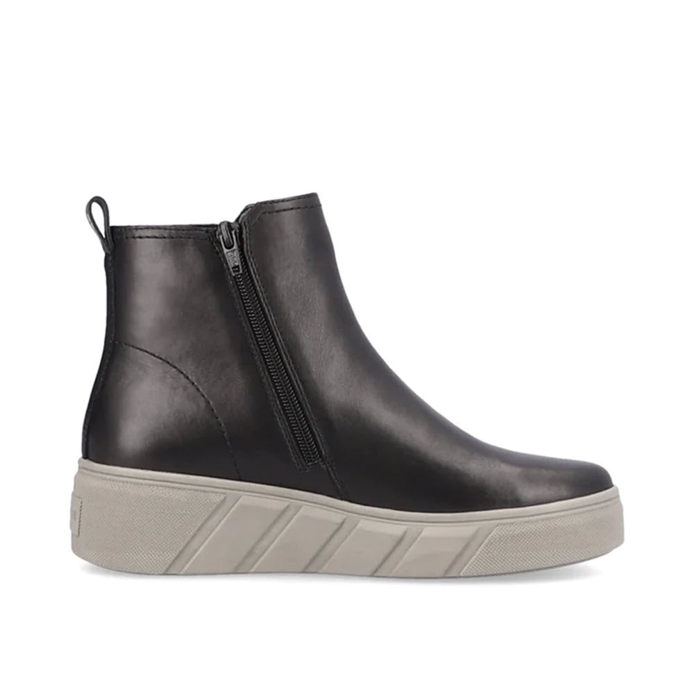 Revolution black leather ankle boot with a side zipper, a thick, ribbed sole, and a removable memory foam insole.