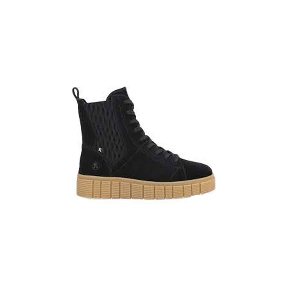 A Revolution black high-top sports sneaker with textured sides and a tan rubber sole, displayed against a white background.