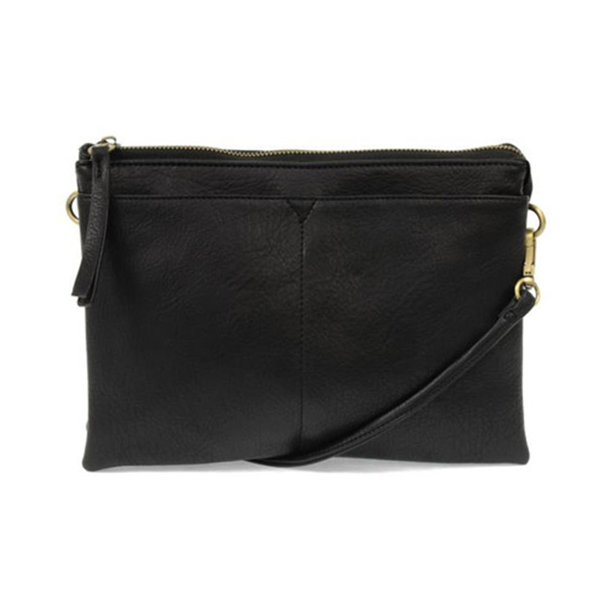 Joy Susan black leather JOY GIA wristlet with a zippered top and detachable strap, featuring multiple lightweight compartments, isolated on a white background.