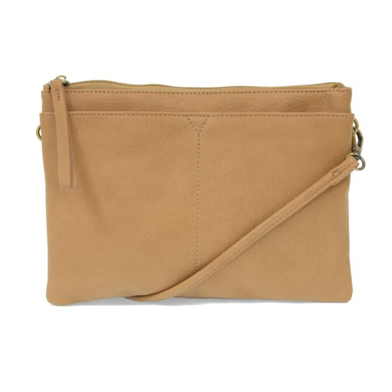 JOY SUSAN GIA MEDIUM MULTI POCKET BAG CAMEL by Joy Susan, with separate compartments, a front zipper, and an adjustable strap, isolated on a white background.