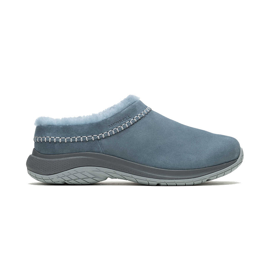 A single Merrell Encore Ice 5 Stonewash slip-on shoe with a sheepskin lining and a thick, flexible sole, displayed against a white background.
