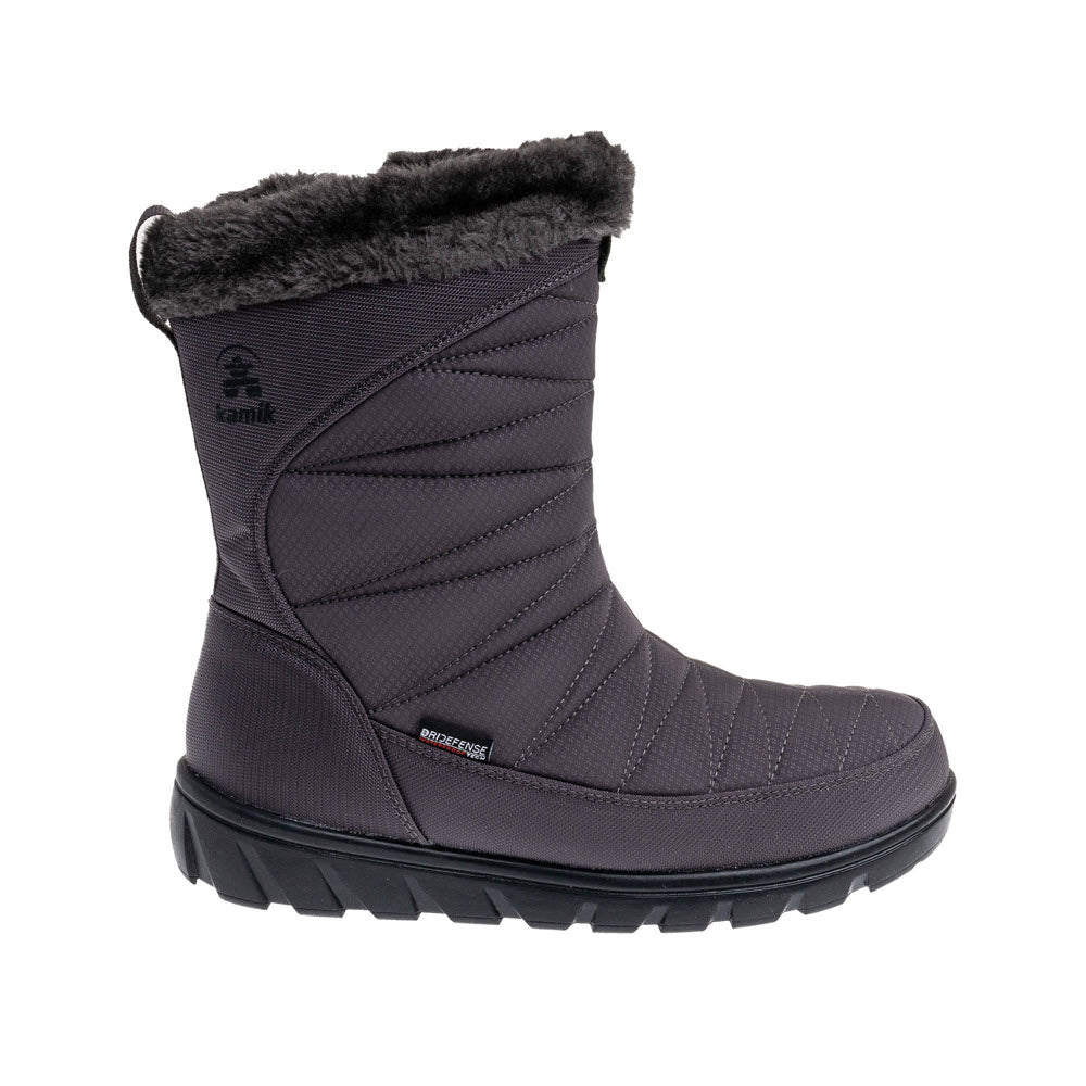 A single Kamik Hannah Zip Charcoal - Womens winter boot with quilted detailing, a faux fur cuff, and a thick, waterproof construction rubber sole, isolated on a white background.