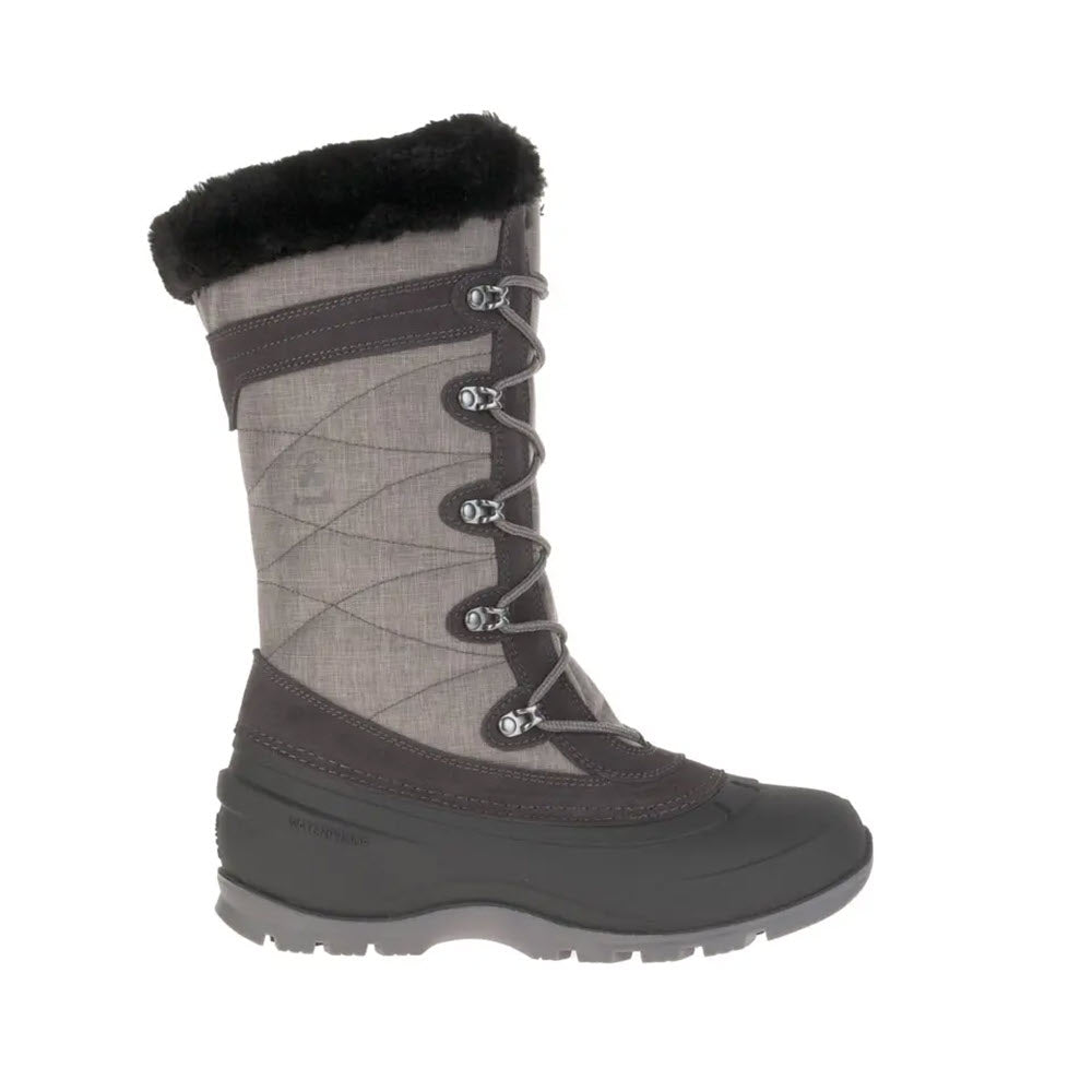 Gray and black waterproof KAMIK SNOVALLEY 4 CHARCOAL - WOMENS winter boot with fur lining and lace-up front on a white background.
