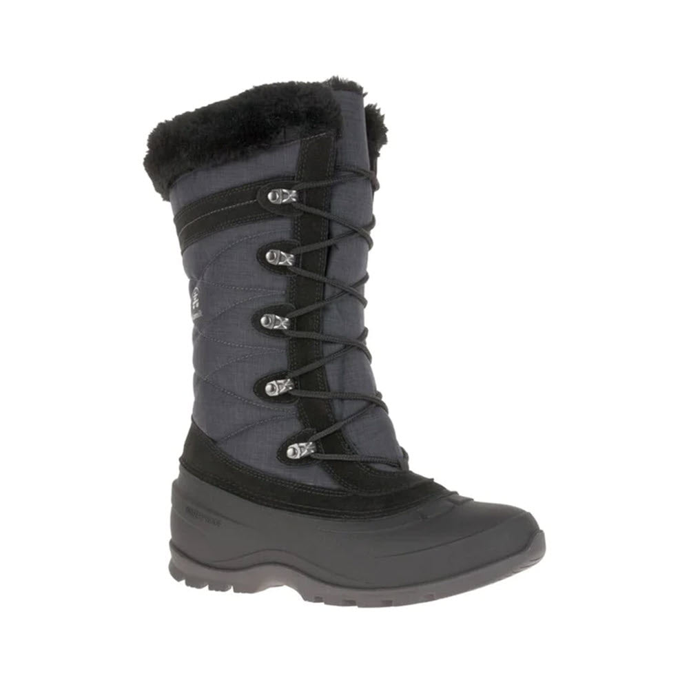 A Kamik winter boot with a grey upper and black lower, featuring fur lining, silver loop eyelets, and waterproof construction.