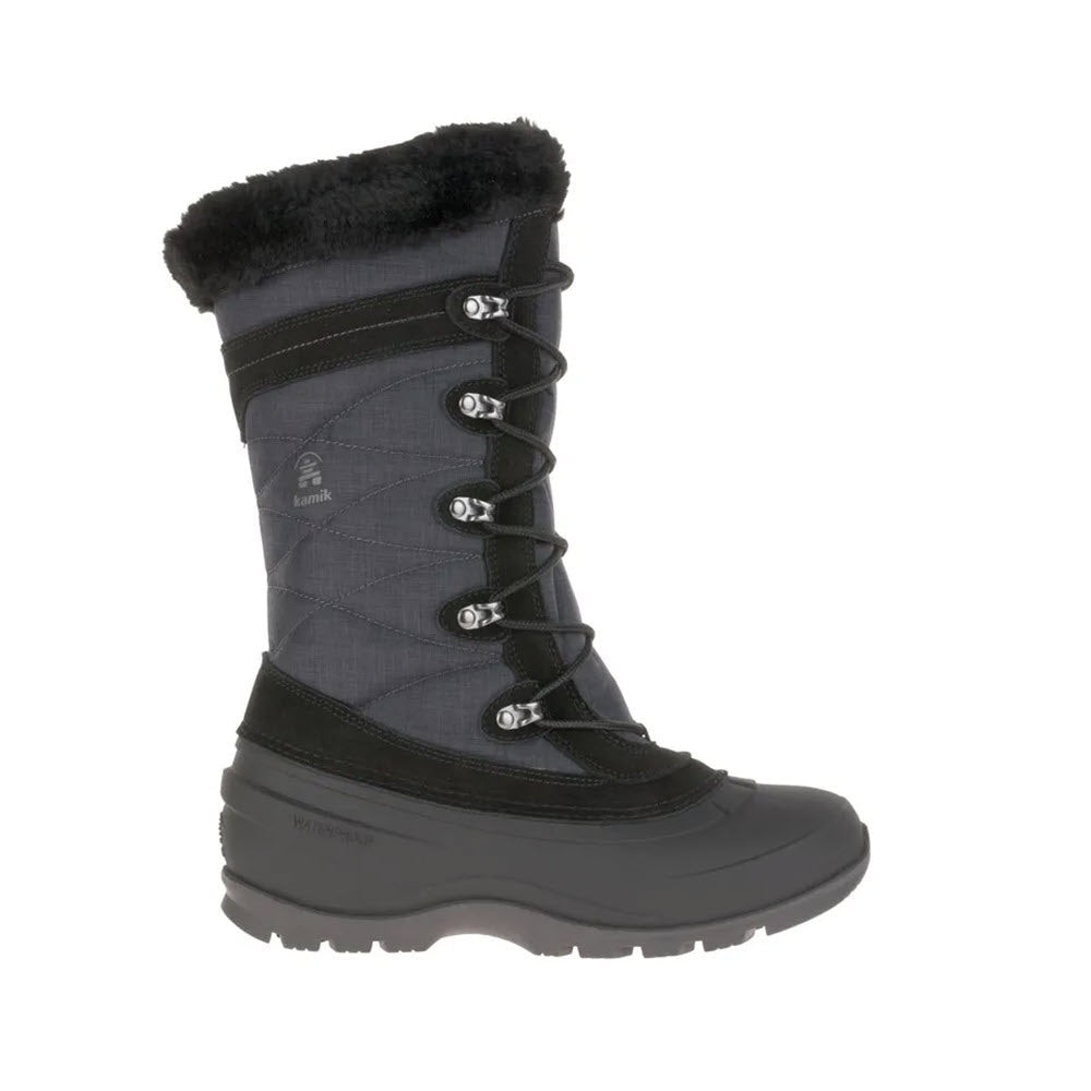 Kamik genuine leather gray and black women's winter boot with fur lining and lace-up front, isolated on a white background.