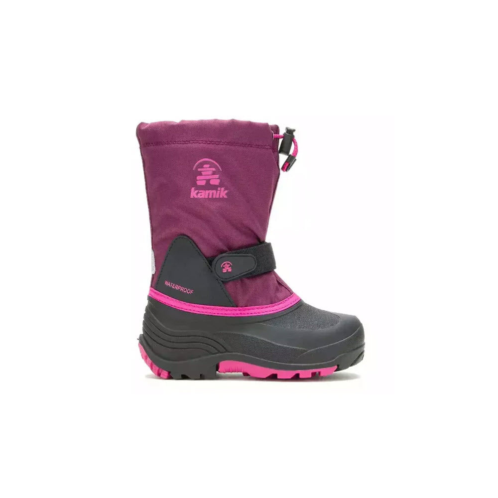A Kamik KAMIK WATERBUG 5 GRAPE - KIDS child's winter boot in pink and gray with adjustable straps and reflective NiteRays, isolated on a white background.