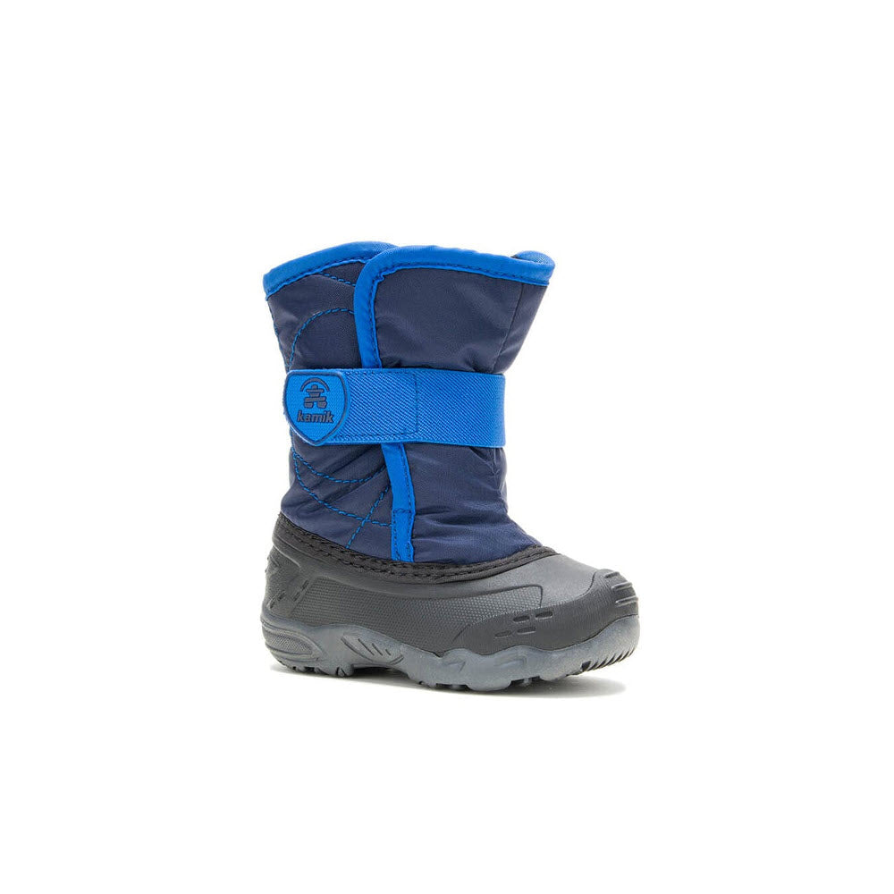 Child's Kamik Snowbug 5 Navy snow boot with a waterproof rubber bottom and a velcro strap, isolated on a white background.