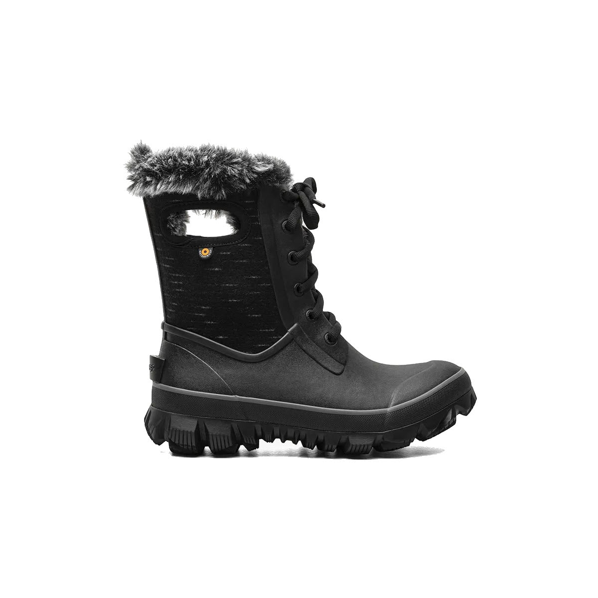 Bogs Arcata Dash Black winter boot with fur lining and Neo-Tech waterproof insulation, isolated on a white background.