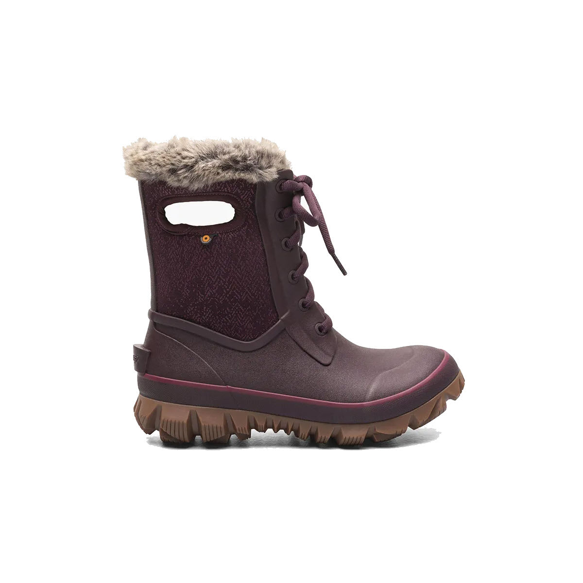 A dark purple Bogs Arcata Faded Wine - Womens winter boot with fur-lined interior, laced up front, and a sturdy, ridged sole, isolated on a white background.