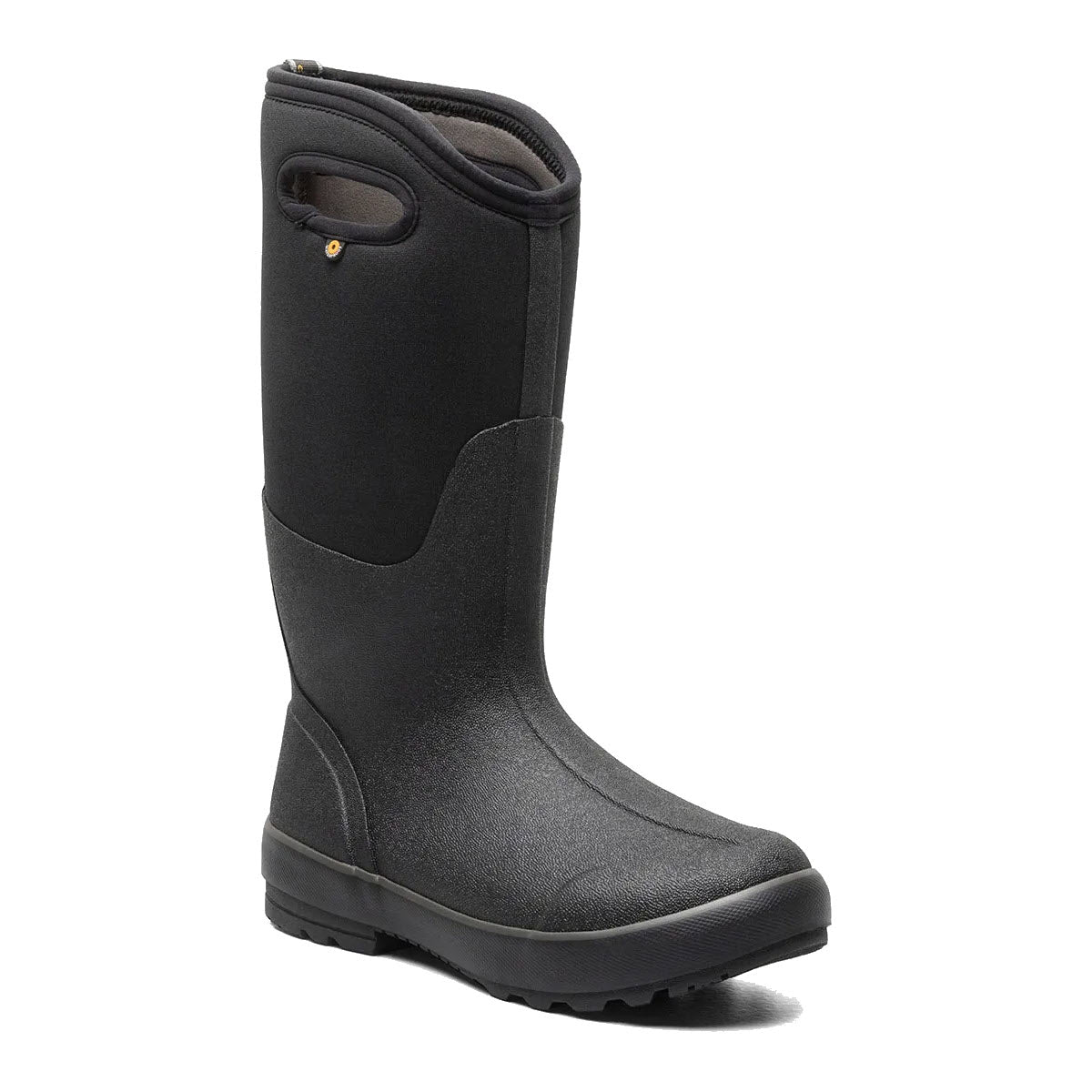 A black neoprene Bogs Classic Tall II tall boot with a robust rubber sole, featuring a loop on the back for easy pulling on.