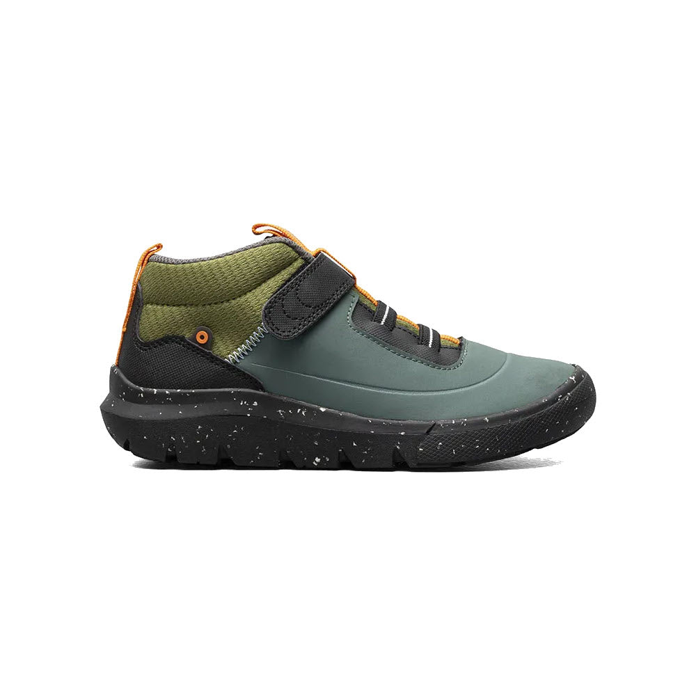 A single BOGS SKYLINE KICKER MID OLIVE MULTI - KI hiking boot with a strap closure, featuring grey and black speckled rubber soles and a light green upper with olive green accents.