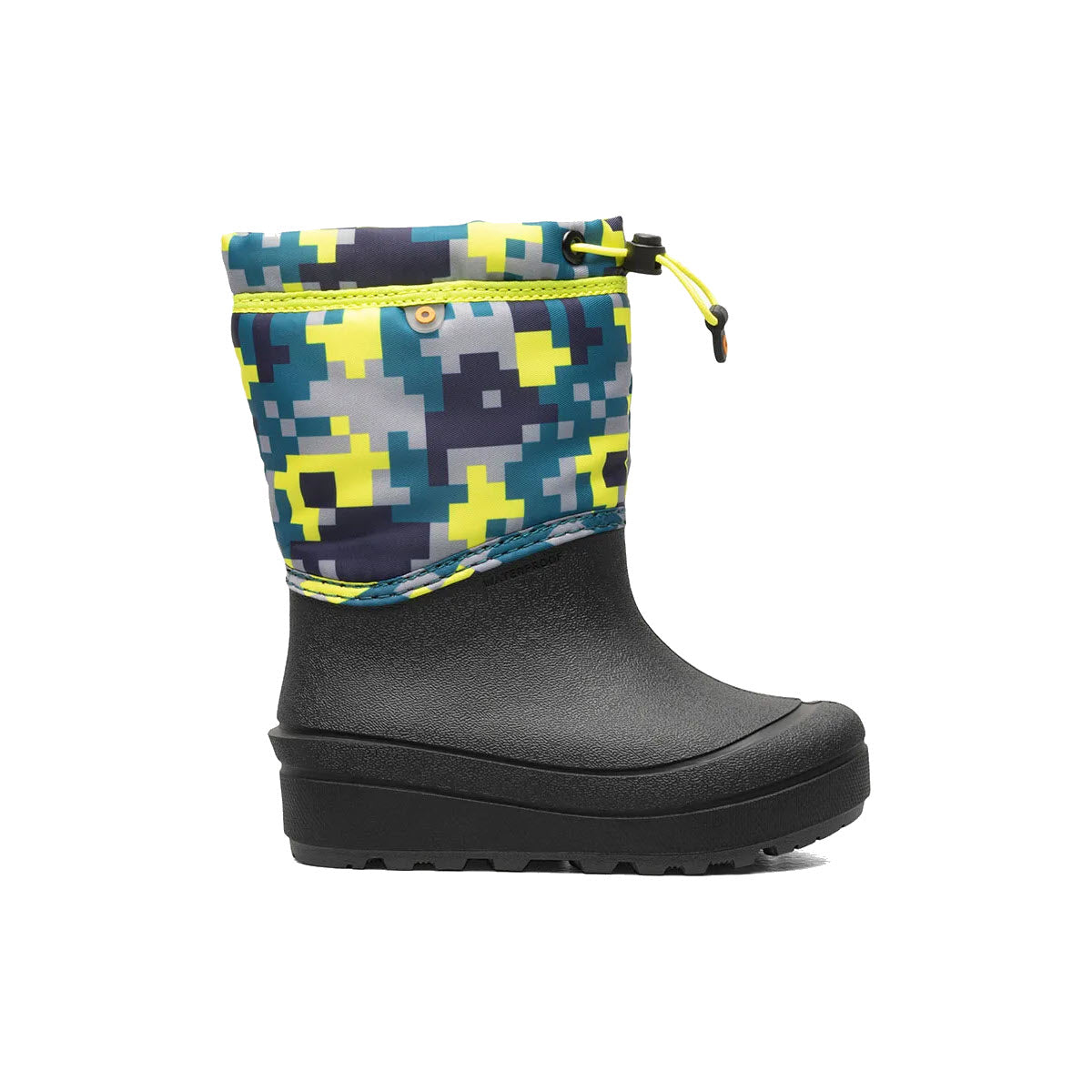 A child's winter boot with a black rubber sole and a colorful pixelated upper pattern in blue, green, and yellow, featuring a waterproof eco-friendly EVA footbed is the BOGS SNOW SHELL MEDIUM CAMO NAVY MULTI - KIDS by Bogs.