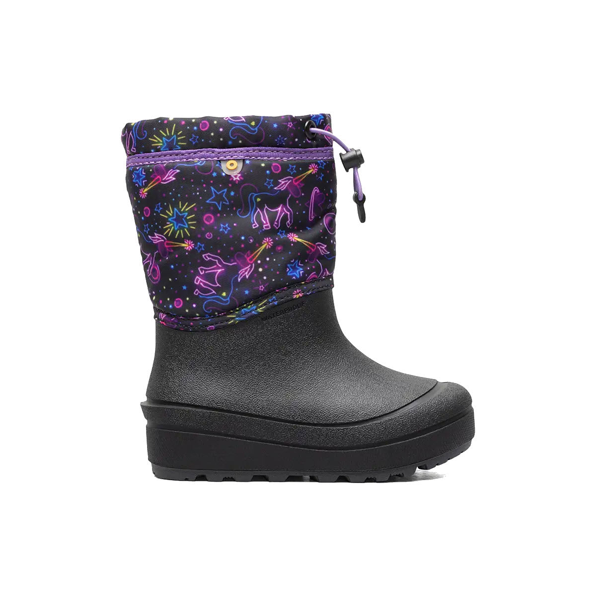 A single black winter boot with a colorful, patterned upper featuring animal and star designs, displayed against a white background. Ideal for kids as snow boots. - *Bogs Snow Shell Neon Unicorn Purple Multi - Kids* by Bogs
