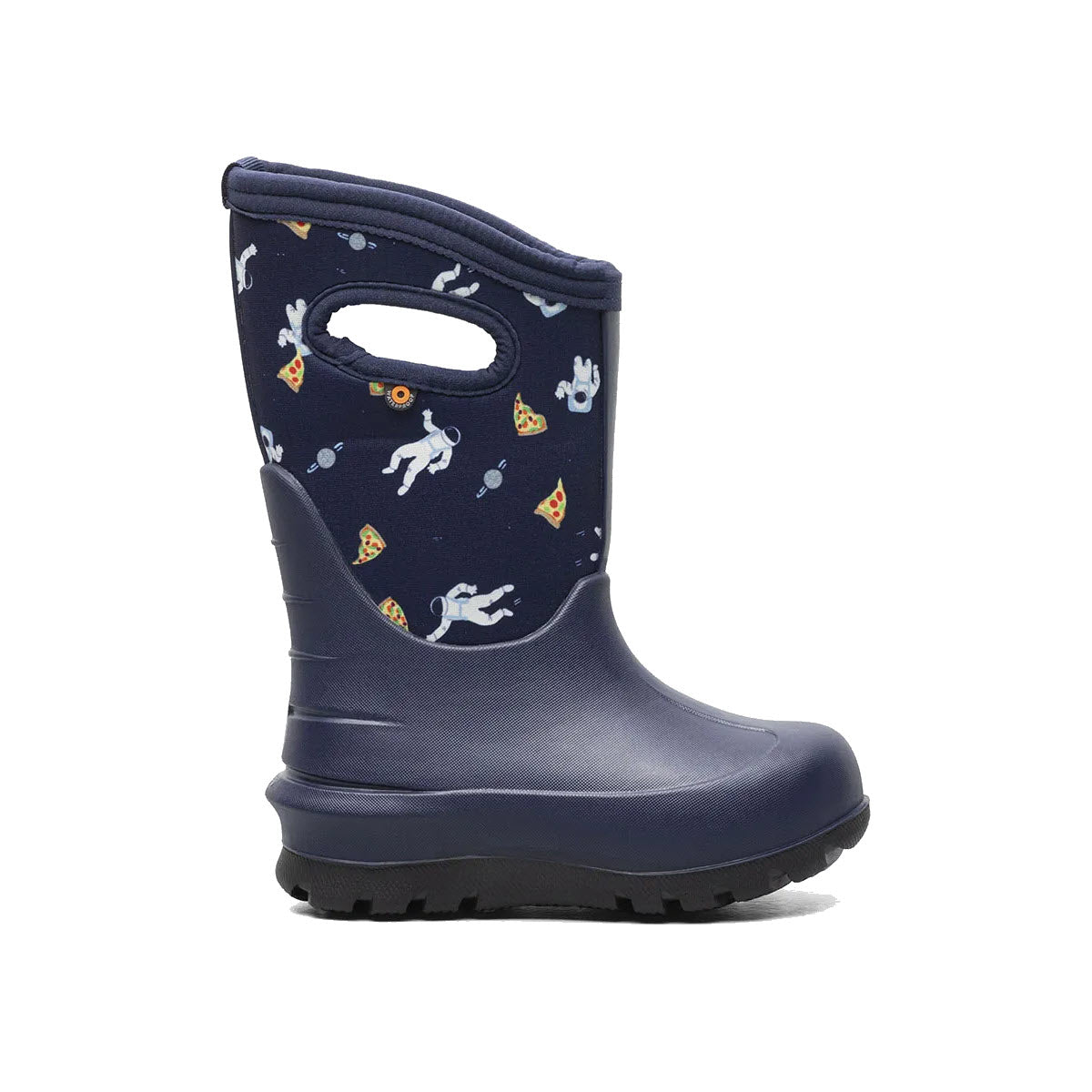 Children's Bogs navy blue waterproof rain boot with handle, featuring a playful pattern of white unicorns and yellow pizzas.