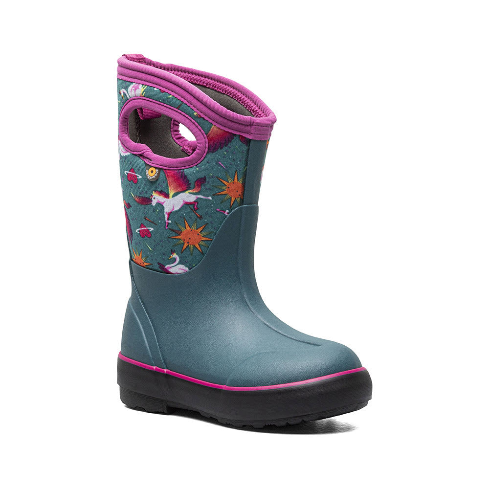 A child&#39;s Bogs Classic II Space Pegasus winter boot in teal with pink trim, featuring a pattern of colorful unicorns and stars, designed for better traction.
